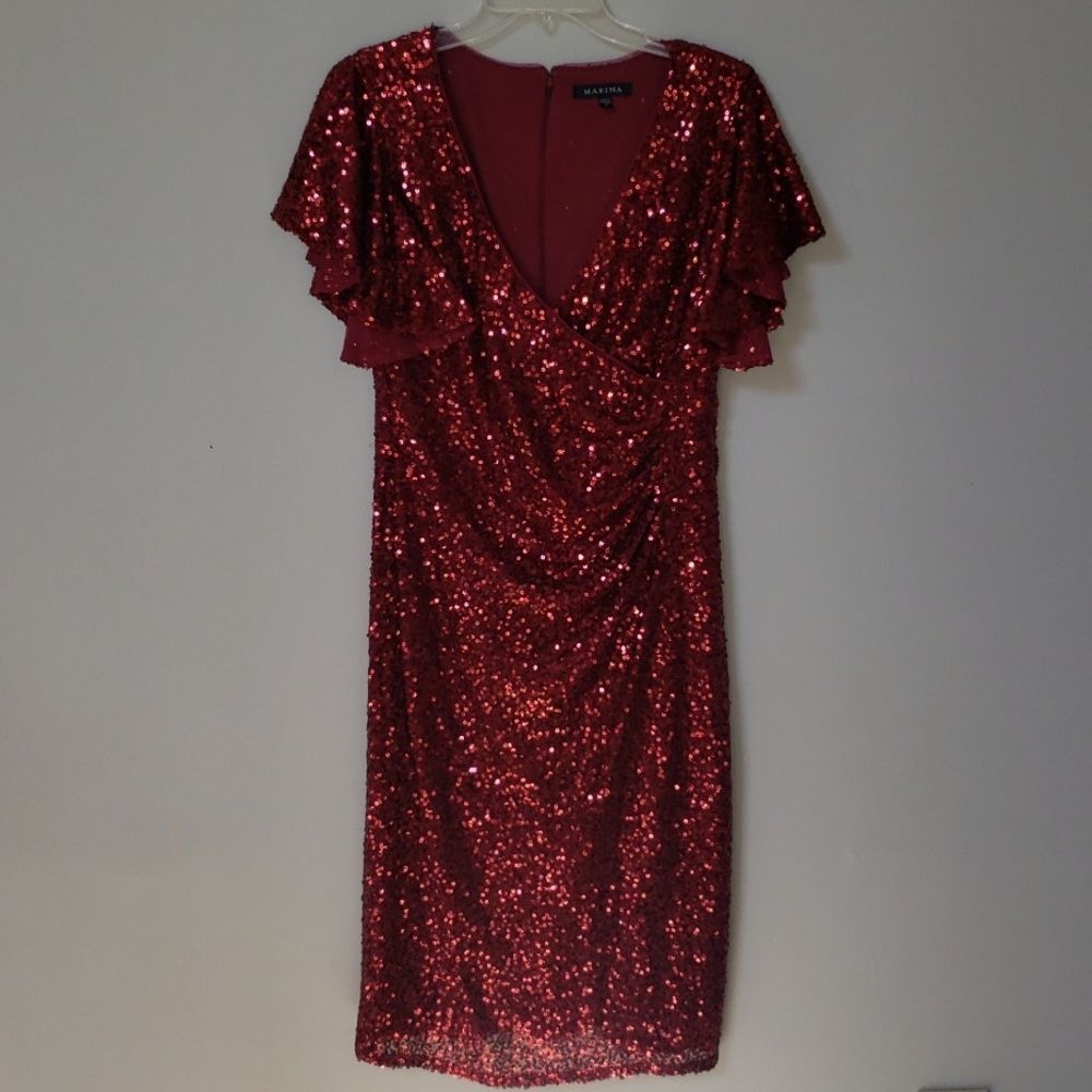 Marina Dress 8 Red Sequin Flounce Sleeve Fairy Sparkle Sheath Party Club Dance